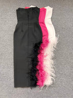 Summer High-Waist Feather Split Sleeveless Strapless Midi Dress Sweet Dres