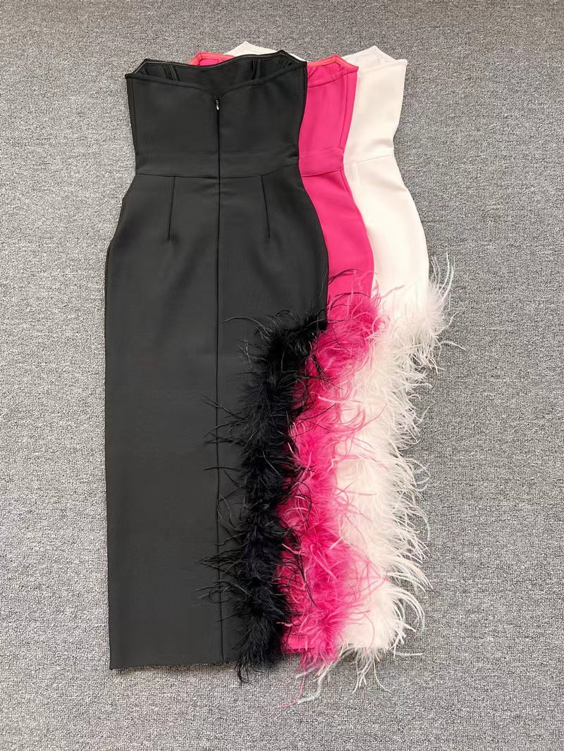 Summer High-Waist Feather Split Sleeveless Strapless Midi Dress Sweet Dres