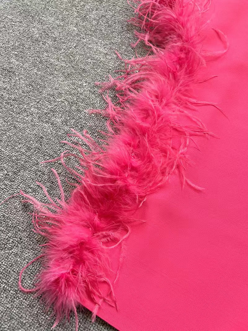 Summer High-Waist Feather Split Sleeveless Strapless Midi Dress Sweet Dres