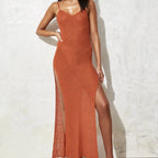 Women’s sling dress in apricot orange knit with spaghetti straps and side slit