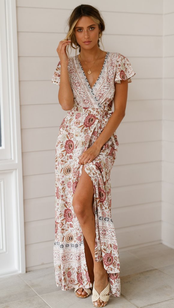 Women's Floral V-Neck Ruffle Wrap Vacation Dress