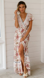 Women's Floral V-Neck Ruffle Wrap Vacation Dress