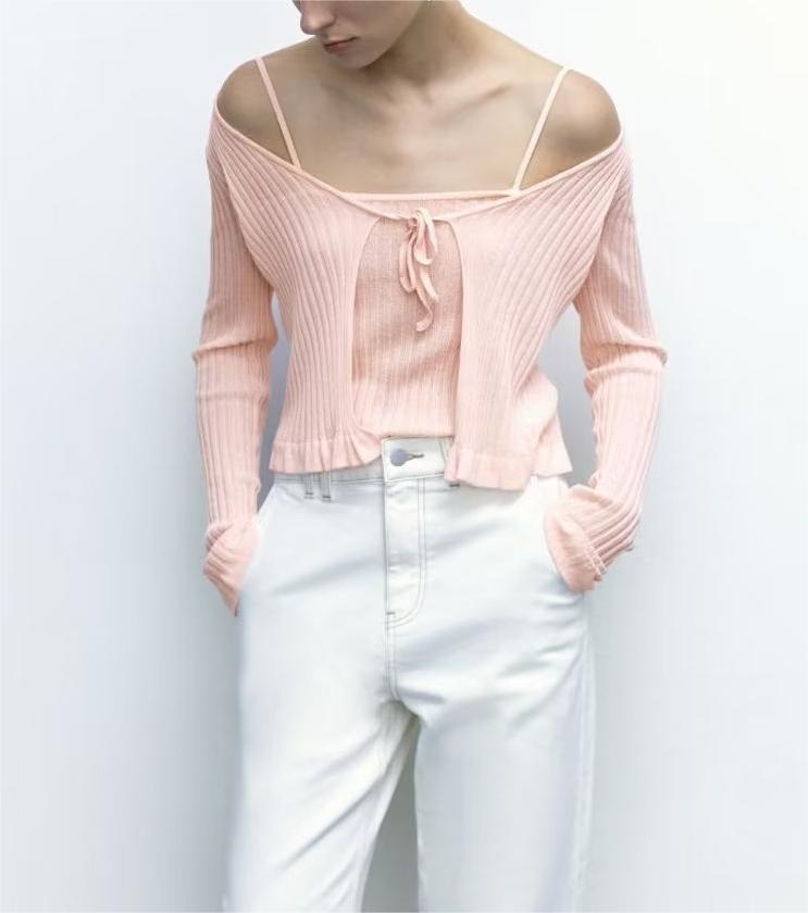 Light Pink Faux Two-Piece Knit Top