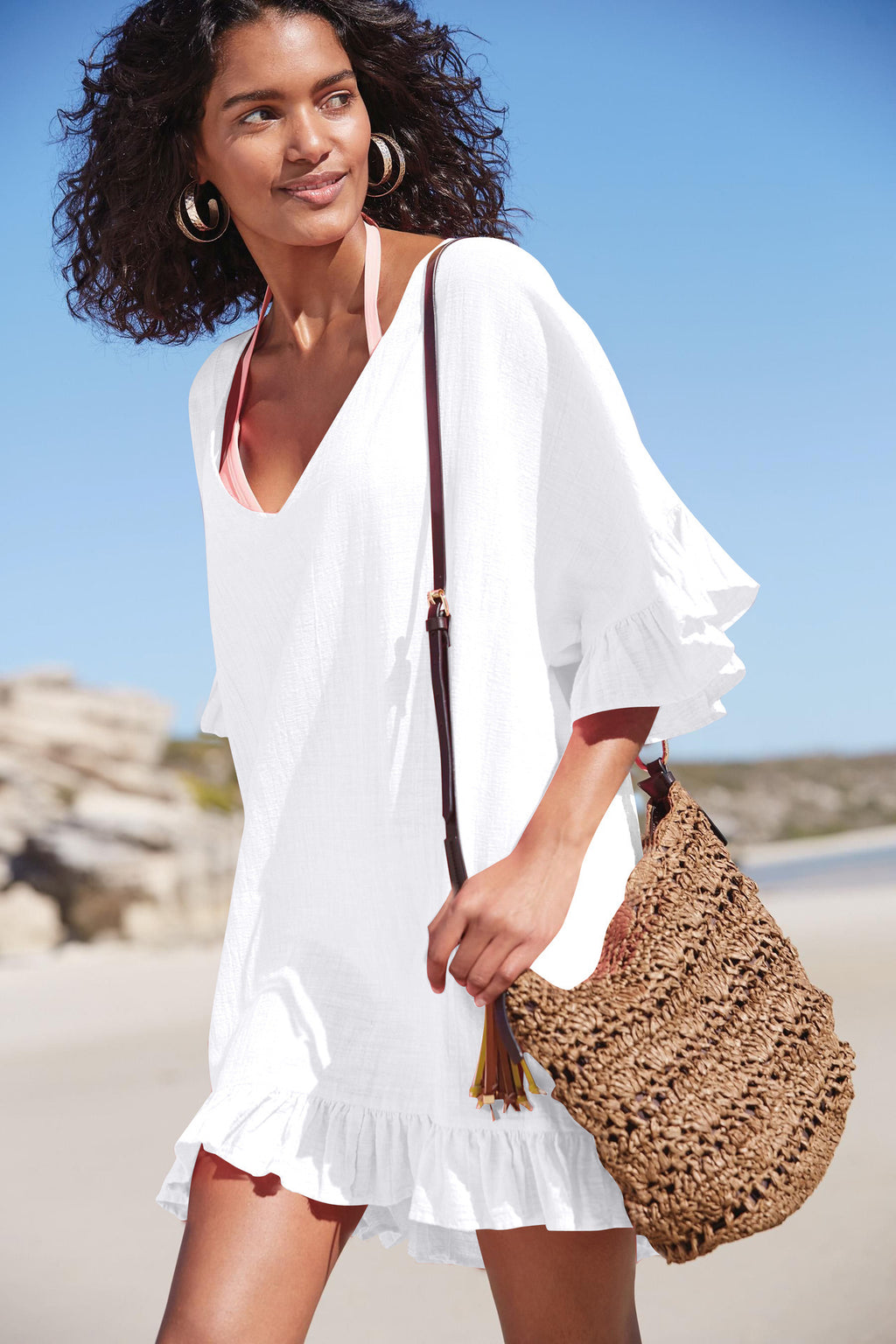 White slub cotton one-piece swimwear with V-neck and flared three-quarter sleeves
