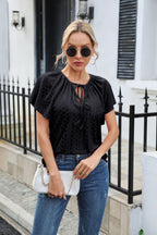 Women’s Pink Embroidered Cutout Ruffle Blouse
