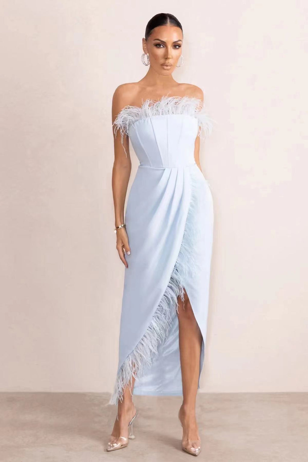Women's Feather-Trim Strapless Split Maxi Dress