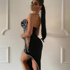 Women's Rhinestone Lace High Slit Bodycon Maxi Dress