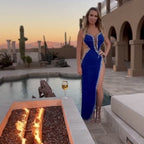 Women's Rhinestone Lace High Slit Bodycon Maxi Dress