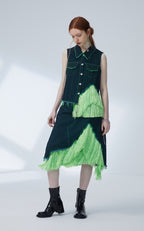 Women's Fluorescent Green Tassel Denim Vest and Skirt Two-Piece Set