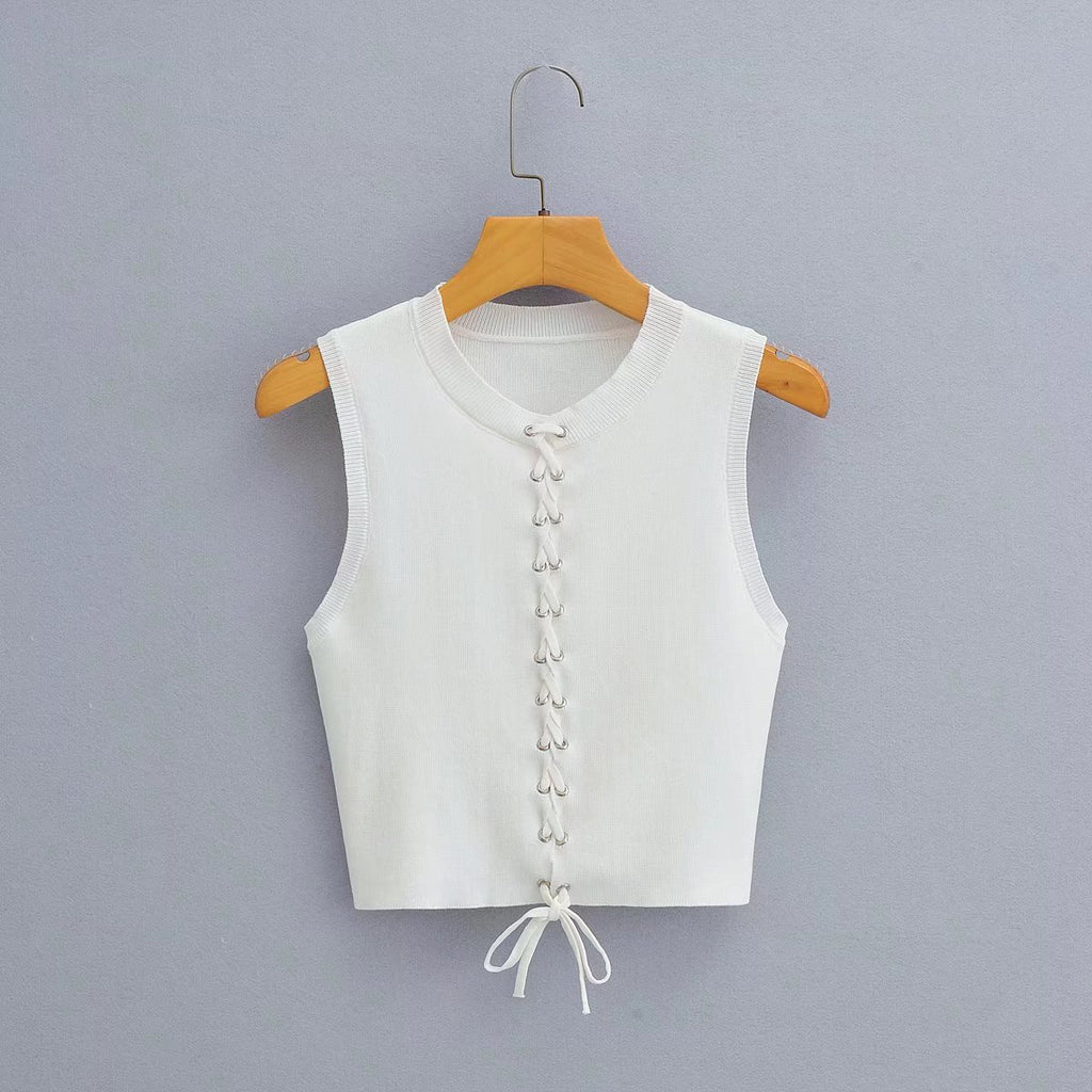 's Front Lace Up Knitted Sleeveless Vest Elastic Tight Cropped Top