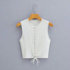 's Front Lace Up Knitted Sleeveless Vest Elastic Tight Cropped Top