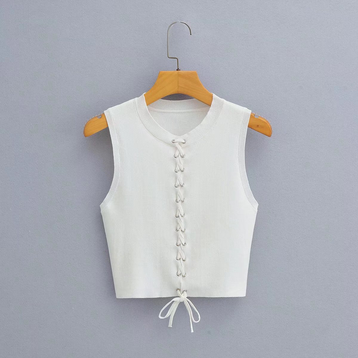 's Front Lace Up Knitted Sleeveless Vest Elastic Tight Cropped Top