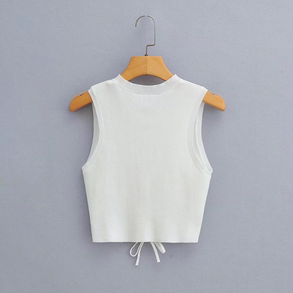's Front Lace Up Knitted Sleeveless Vest Elastic Tight Cropped Top