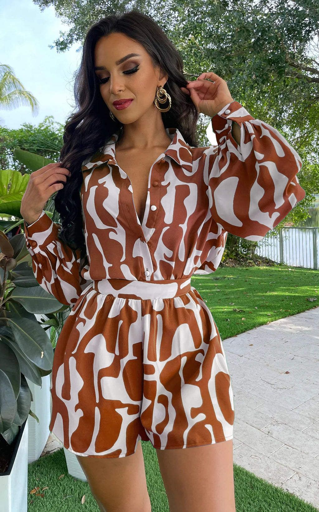 Loose Printed Long Shirt Casual Shorts Suit Summer Two-Piece Set
