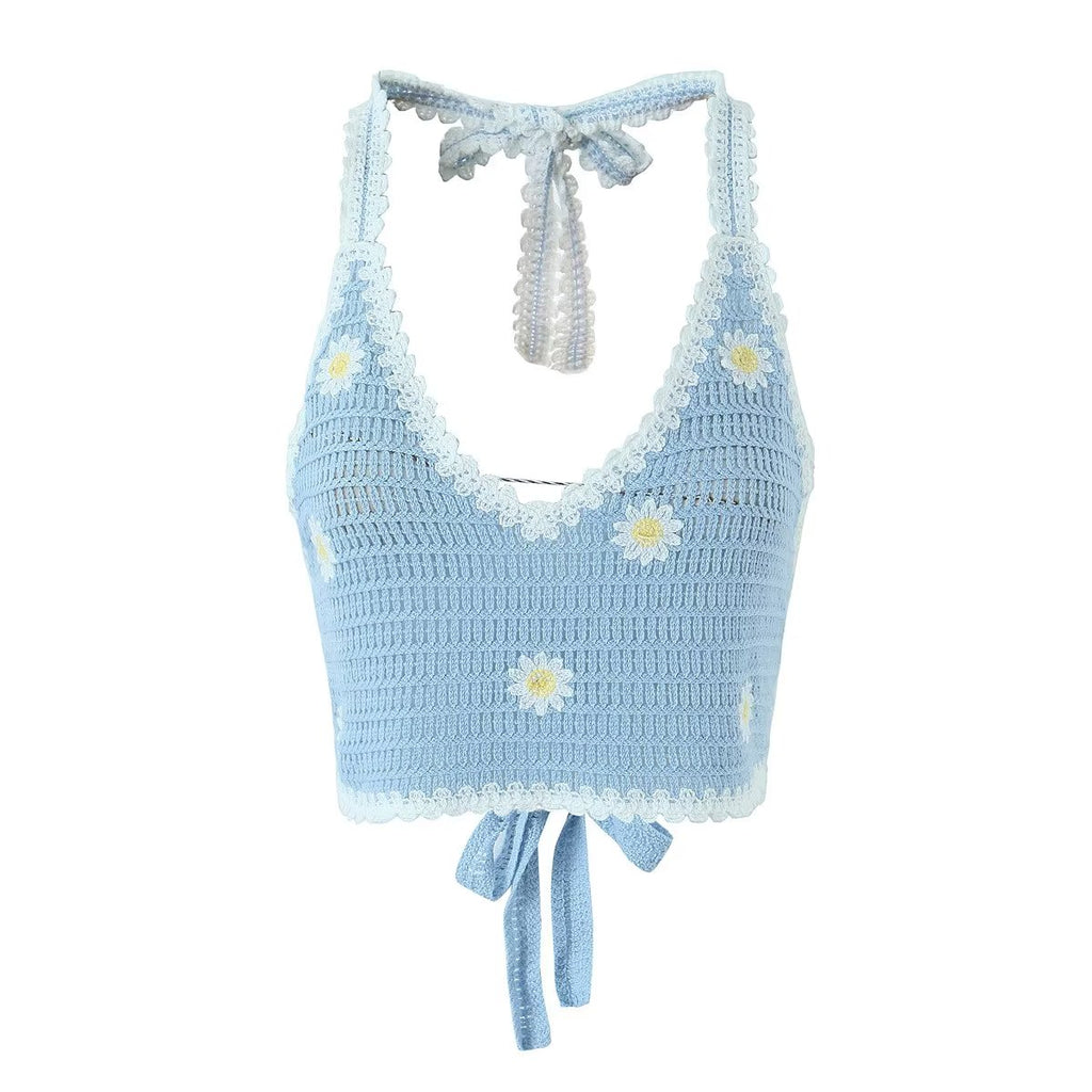 Homemade Southeast Asian Holiday Travel Little Daisy Crocheted Suit Knitted Sling With Shorts Two-Piece Set
