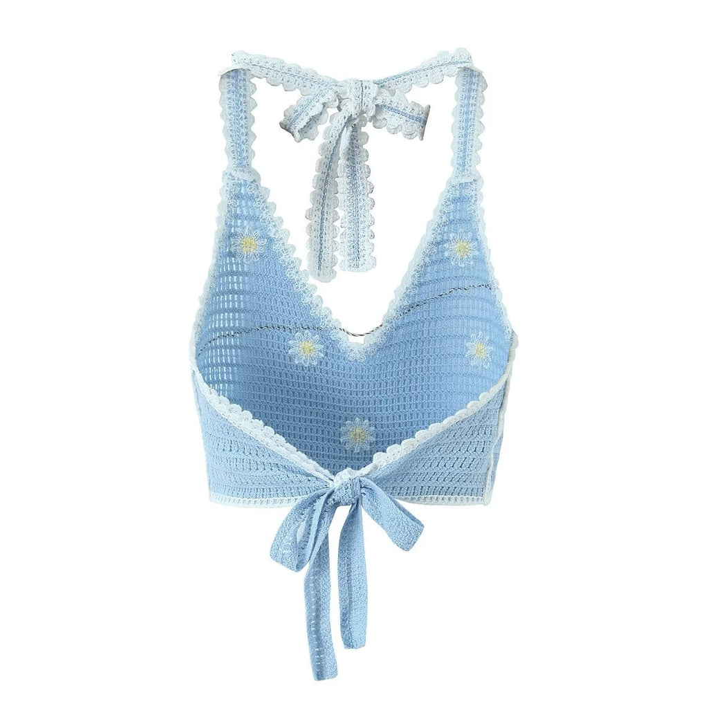 Homemade Southeast Asian Holiday Travel Little Daisy Crocheted Suit Knitted Sling With Shorts Two-Piece Set