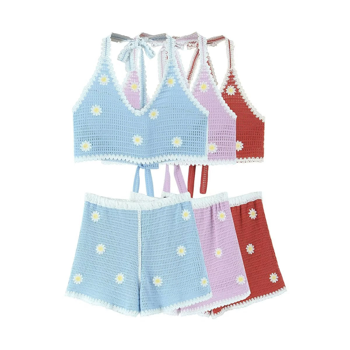 Homemade Southeast Asian Holiday Travel Little Daisy Crocheted Suit Knitted Sling With Shorts Two-Piece Set