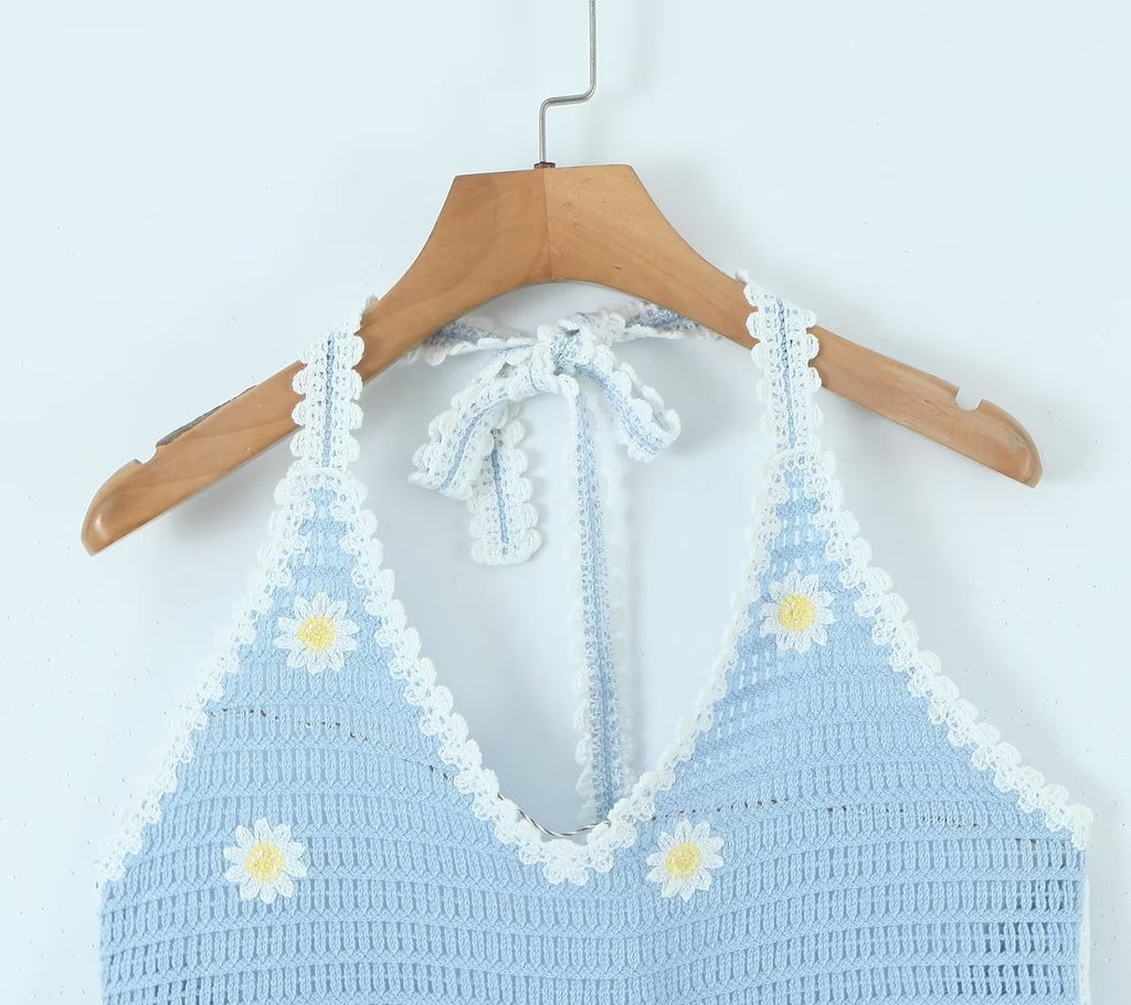 Homemade Southeast Asian Holiday Travel Little Daisy Crocheted Suit Knitted Sling With Shorts Two-Piece Set
