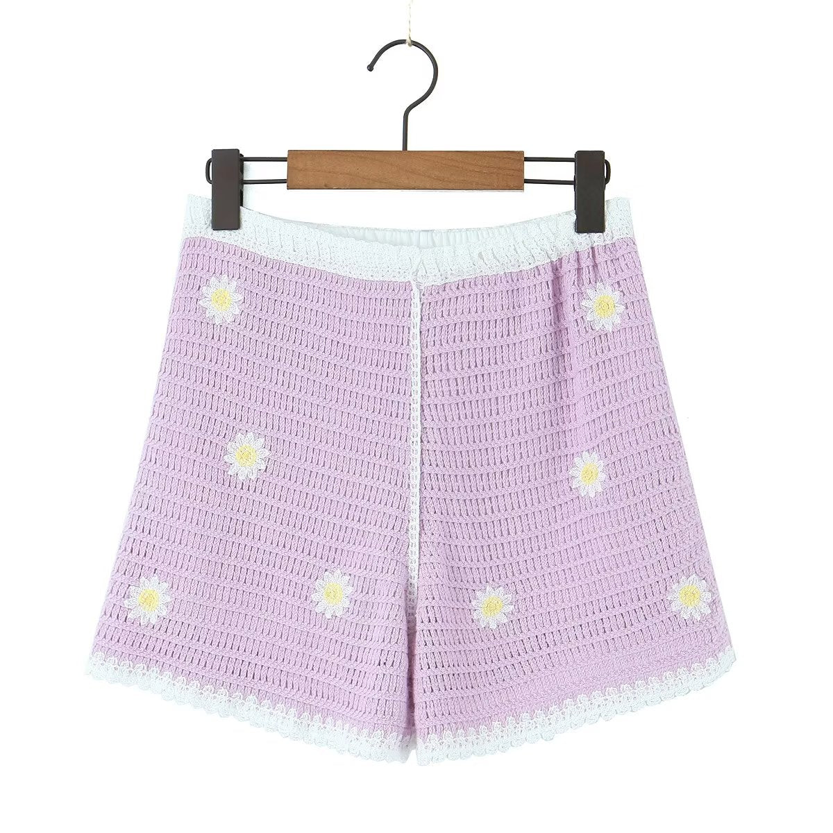 Homemade Southeast Asian Holiday Travel Little Daisy Crocheted Suit Knitted Sling With Shorts Two-Piece Set