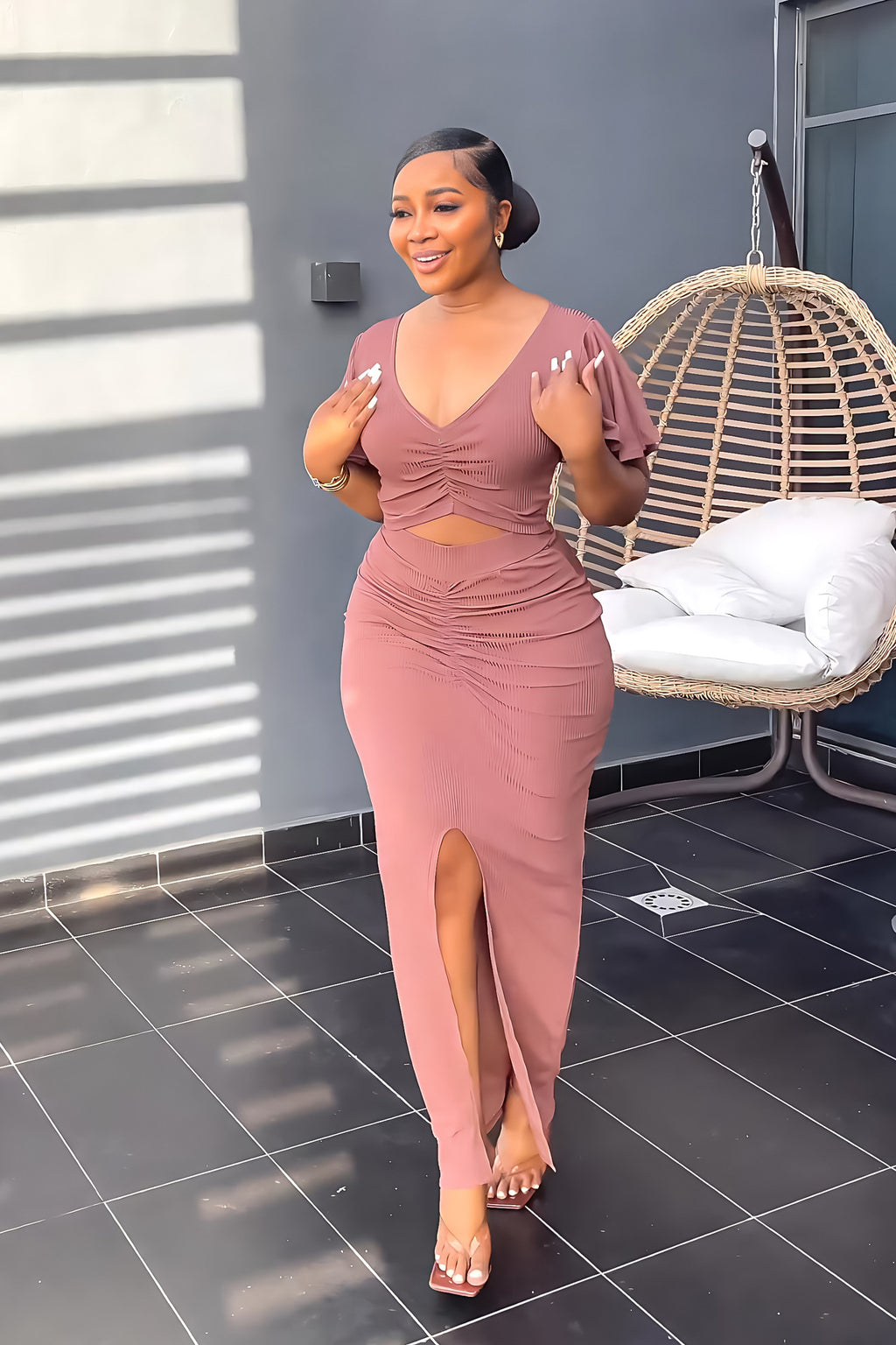Women's Ruffled V-Neck Cropped Two-Piece Dress Set