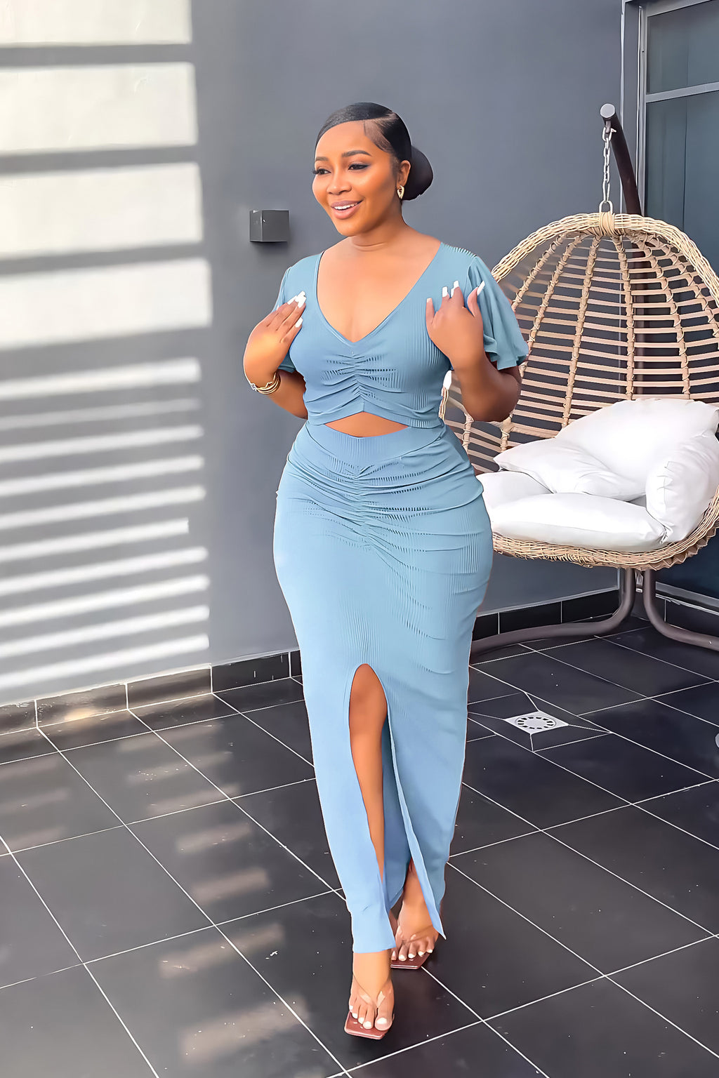 Women's Ruffled V-Neck Cropped Two-Piece Dress Set