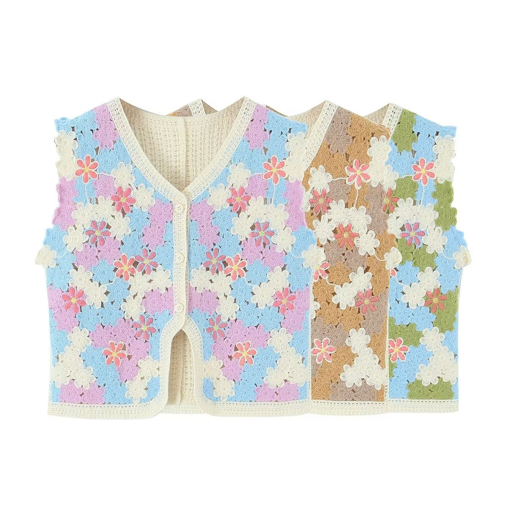 Women Retro Thailand Holiday Floral Vest Cardigan Top Casual All Matching Graceful