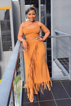 Women's Fringe High-Waisted Cropped Two-Piece Dress Set