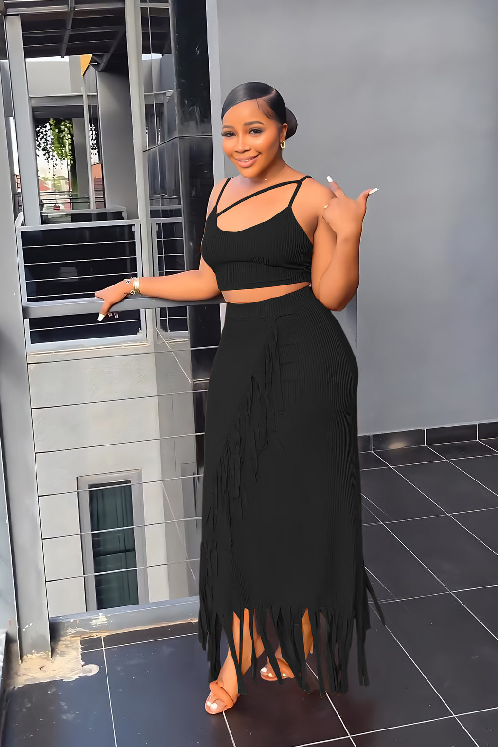 Women's Fringe High-Waisted Cropped Two-Piece Dress Set