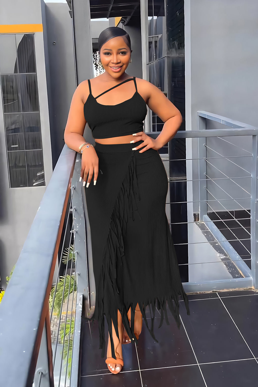 Women's Fringe High-Waisted Cropped Two-Piece Dress Set