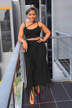Women's Fringe High-Waisted Cropped Two-Piece Dress Set