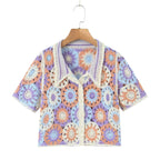 Retro Lapels Crocheted Top Spring Women Clothing Years Contrast Color Breasted Short Sweater