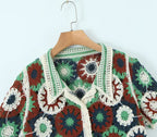 Retro Lapels Crocheted Top Spring Women Clothing Years Contrast Color Breasted Short Sweater