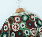 Retro Lapels Crocheted Top Spring Women Clothing Years Contrast Color Breasted Short Sweater