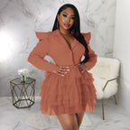 Women's Collared Mesh-Panel Long-Sleeve Mini Dress
