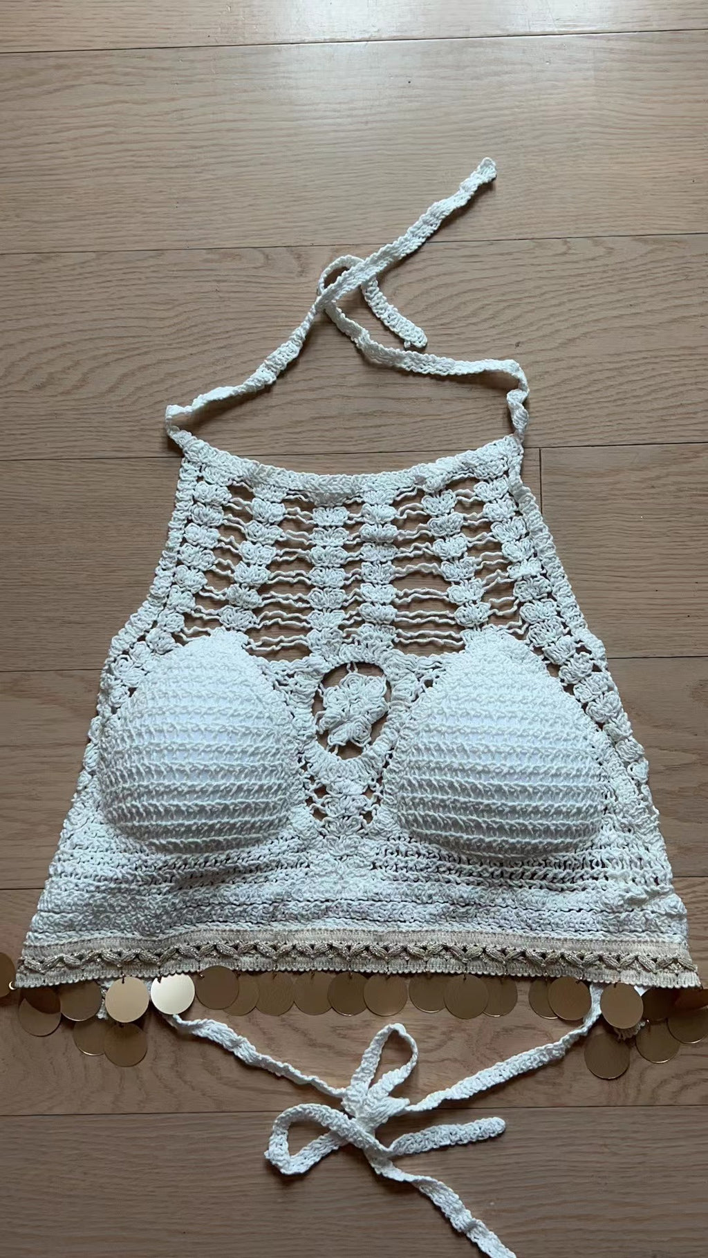 White crochet hollow halter top with front cutouts, scalloped hem, tie straps