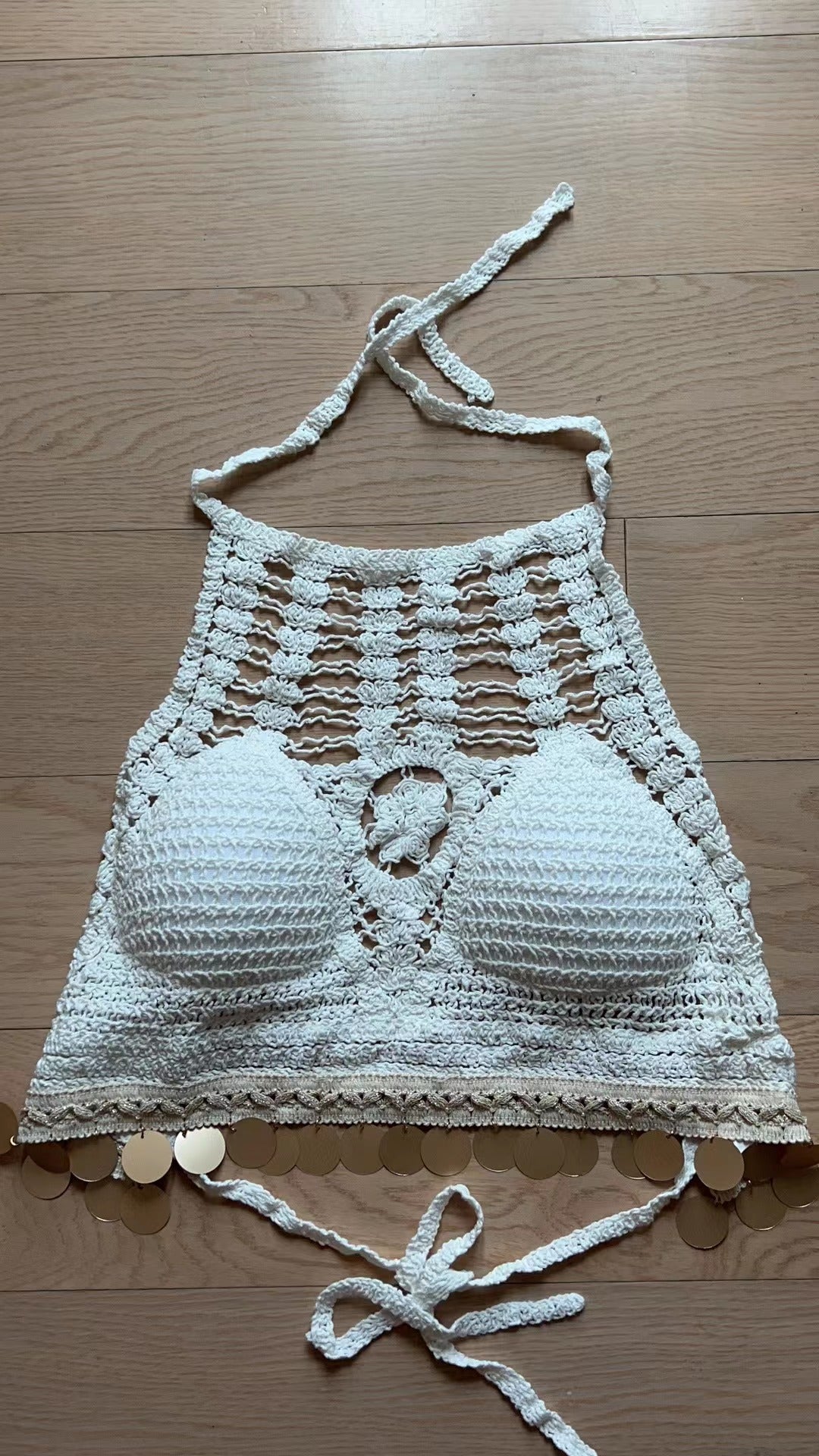 White crochet hollow halter top with front cutouts, scalloped hem, tie straps