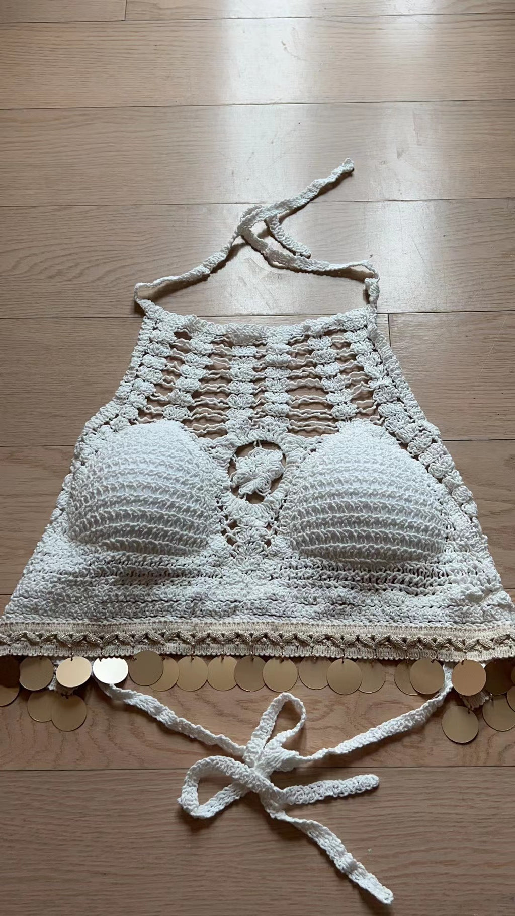 White crochet hollow halter top with drawstring ties and scalloped coin-trim edge