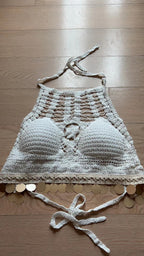 White crochet hollow halter top with drawstring ties and scalloped coin-trim edge