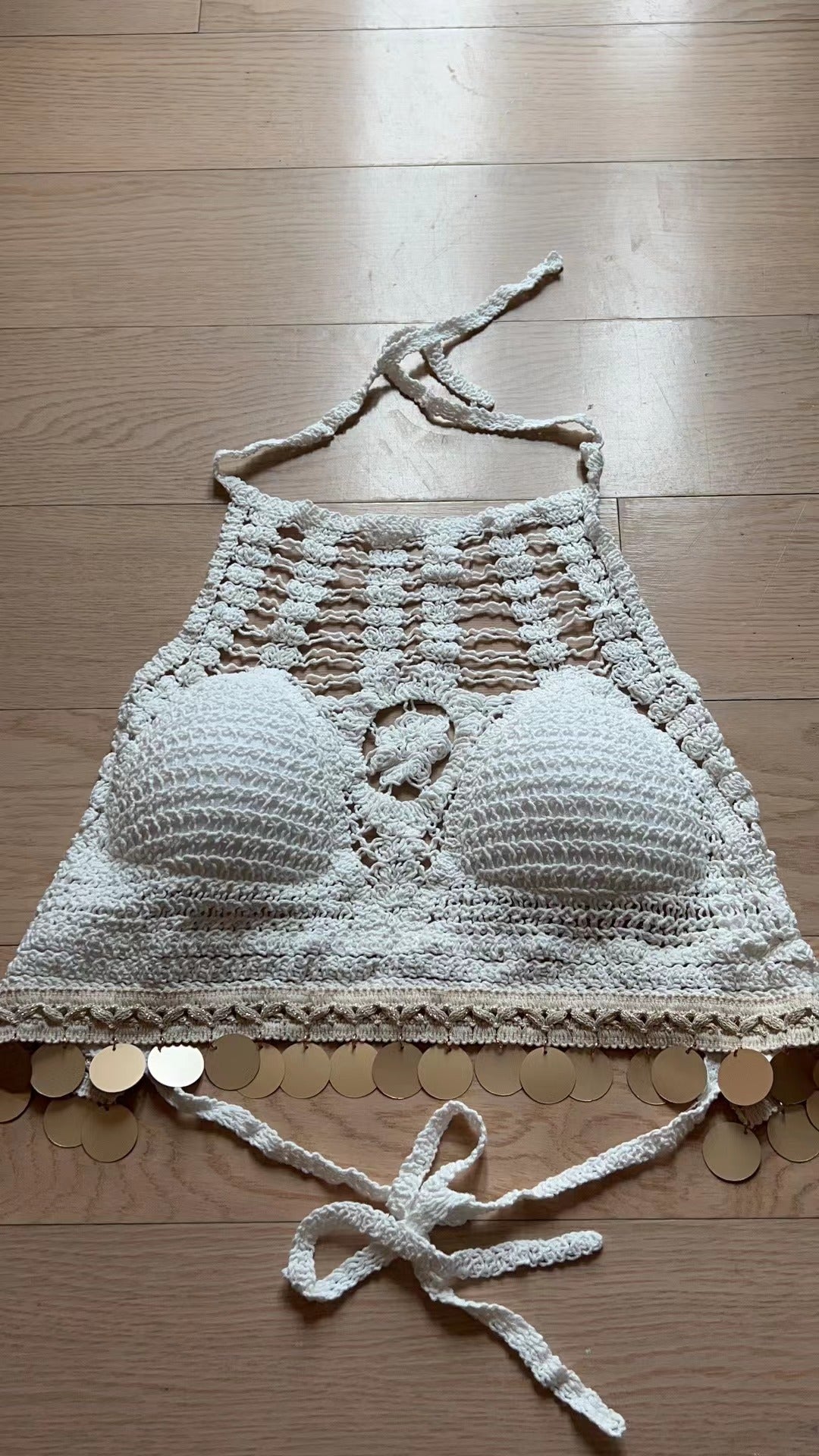 White crochet hollow halter top with drawstring ties and scalloped coin-trim edge