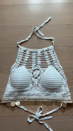 White crocheted hollow halter crop top, openwork front, adjustable tie straps