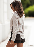 Women's Color Shirt Breasted Collared Cotton Linen Loose Cardigan