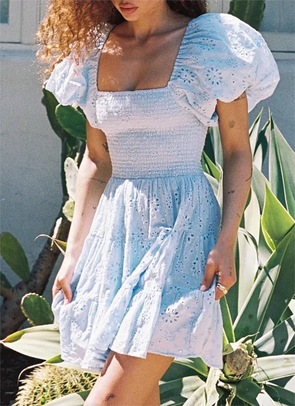 Blue Square-Neck Puff-Sleeve Tiered Mini Dress