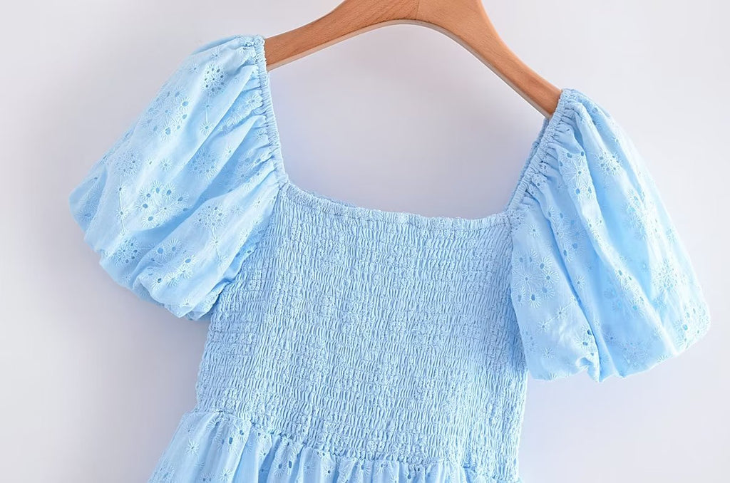 Blue Square-Neck Puff-Sleeve Tiered Mini Dress