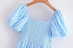 Blue Square-Neck Puff-Sleeve Tiered Mini Dress