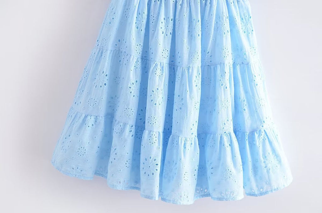 Blue Square-Neck Puff-Sleeve Tiered Mini Dress