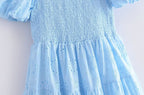 Blue Square-Neck Puff-Sleeve Tiered Mini Dress