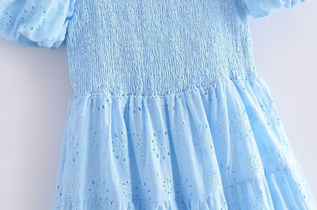 Blue Square-Neck Puff-Sleeve Tiered Mini Dress