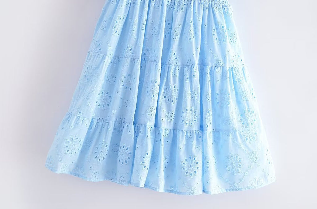 Blue Square-Neck Puff-Sleeve Tiered Mini Dress
