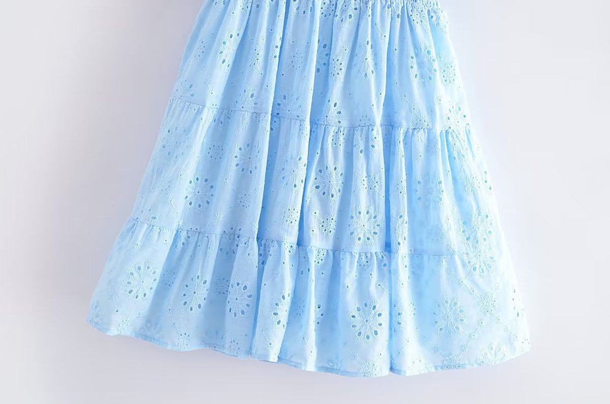 Blue Square-Neck Puff-Sleeve Tiered Mini Dress