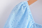 Blue Square-Neck Puff-Sleeve Tiered Mini Dress